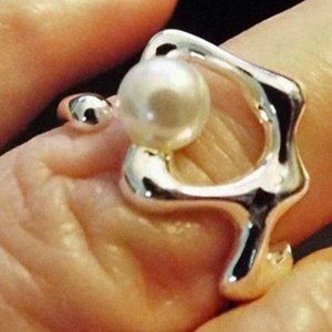 NEW DESIGNER AMOEBA ASSYMETRIC 925 SILVERCLAD W/ FAUX PEARL SZ 6 RING 5